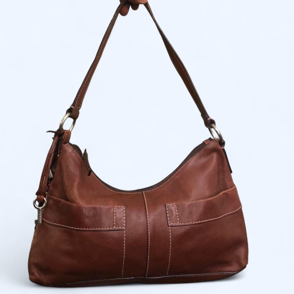 FOSSIL Vintage Brown leather baguette shoulder hobo hand bag purse boho satchel
